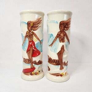 Vintage Latitude 20 Torrance CA Tiki Mugs Set of 2 Surfing Hula Girl Ceramic